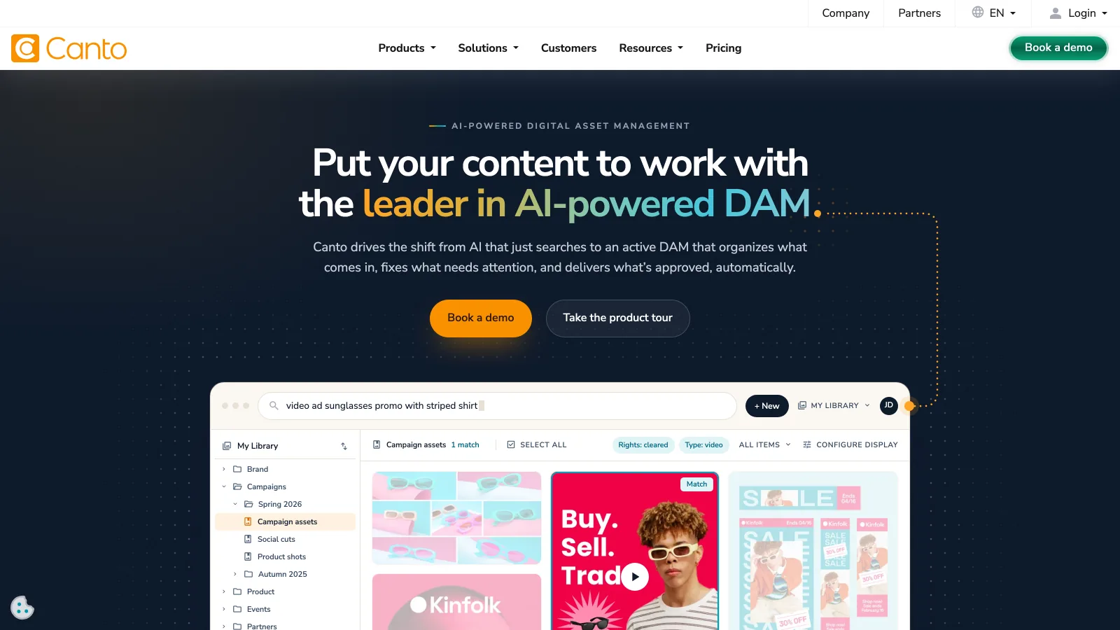 Canto homepage with the headline Put your content to work with the leader in AI-powered DAM and a library searched for video ad sunglasses promo with striped shirt