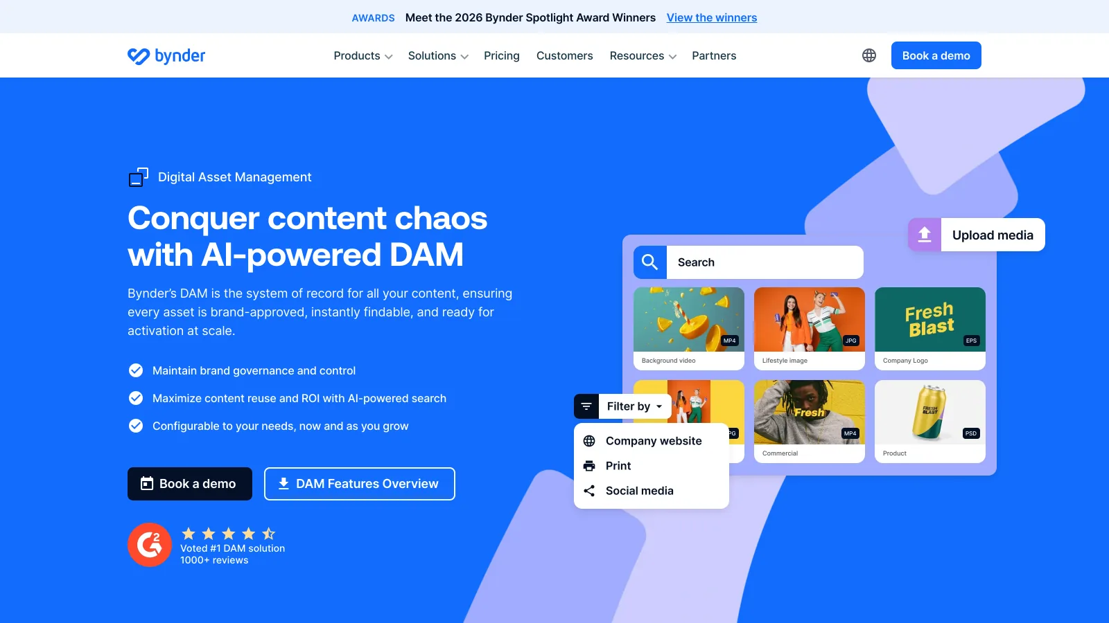 Bynder digital asset management product page promising AI-powered DAM with brand governance, content reuse and configurable scale