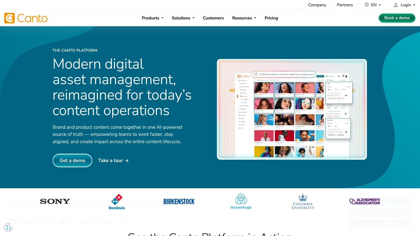 Canto platform page describing modern digital asset management with brand and product content in one AI-powered source of truth