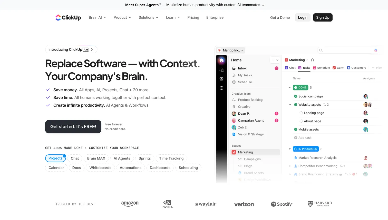 ClickUp all-in-one project management board configured for a creative team