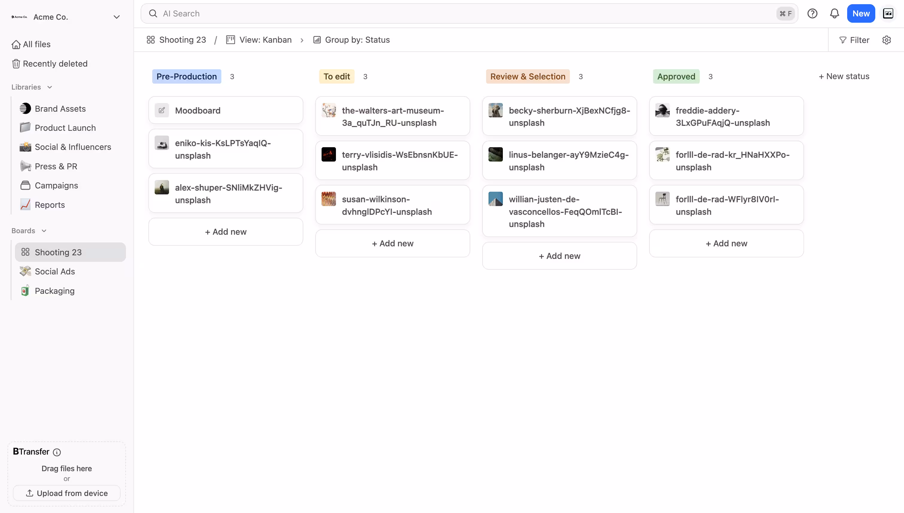 Brault Board in kanban view showing creative files moving through approval columns