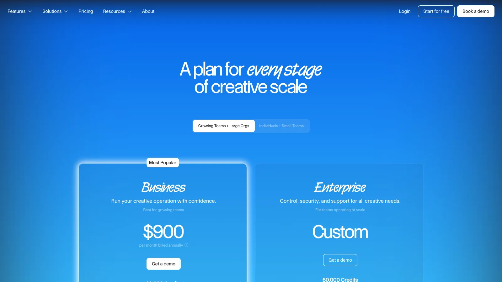 Air's pricing page on the growing-teams tab, Business at $900 a month billed annually and Enterprise on quote
