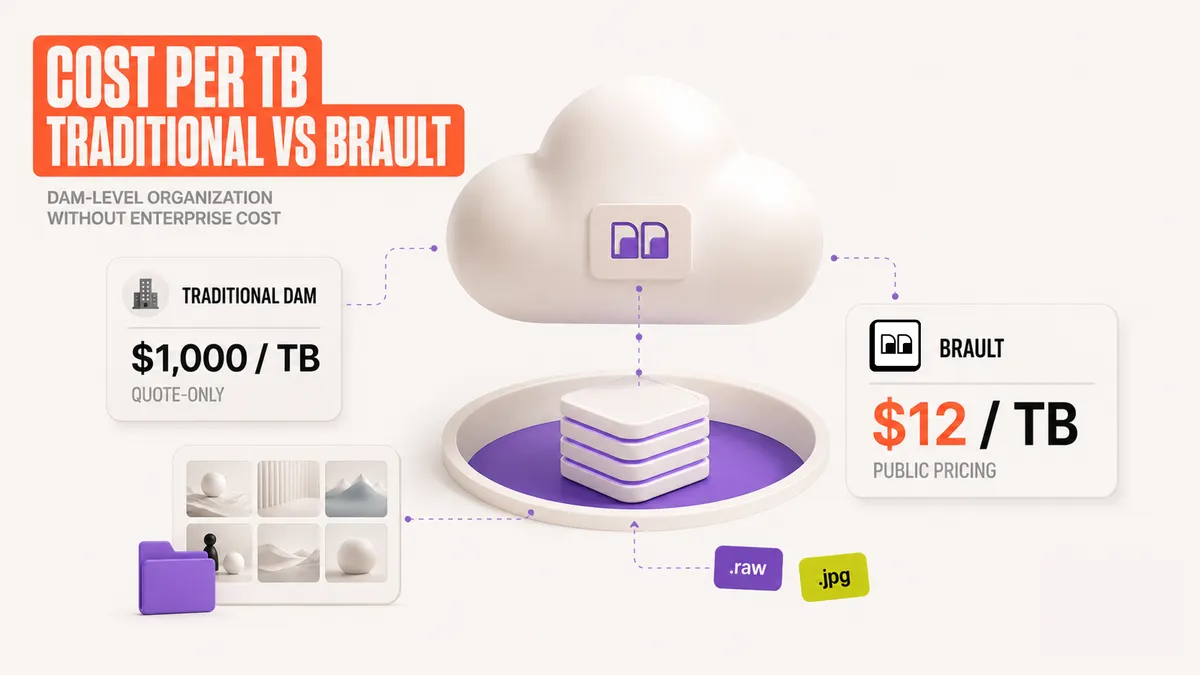 Cost per terabyte comparison: traditional digital asset management at around $1,000 per terabyte versus Brault at around $12 per terabyte
