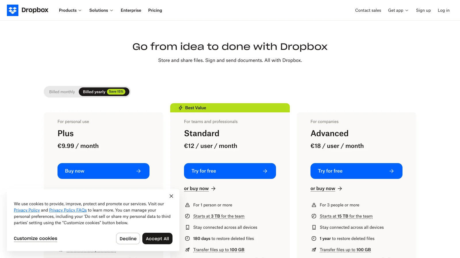 Dropbox plans page showing Basic, Plus at $9.99 a month with 2 TB and 50 GB transfers, Standard at $15 per user and Advanced at $24 per user