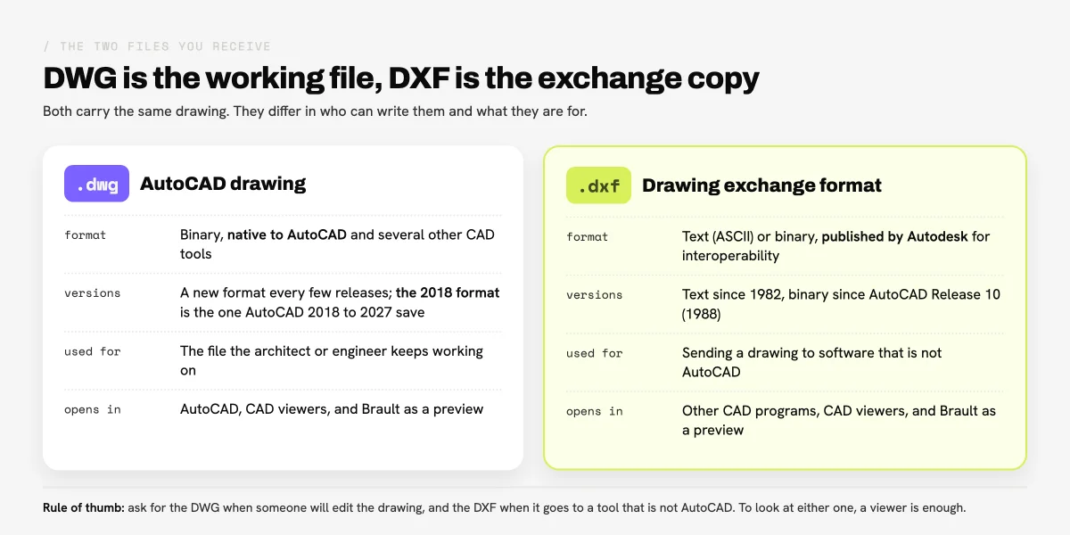 Diagram comparing DWG and DXF files: DWG is the binary native AutoCAD drawing saved in the 2018 format by AutoCAD 2018 to 2027, DXF is the text or binary drawing exchange format Autodesk published for interoperability, and Brault previews both