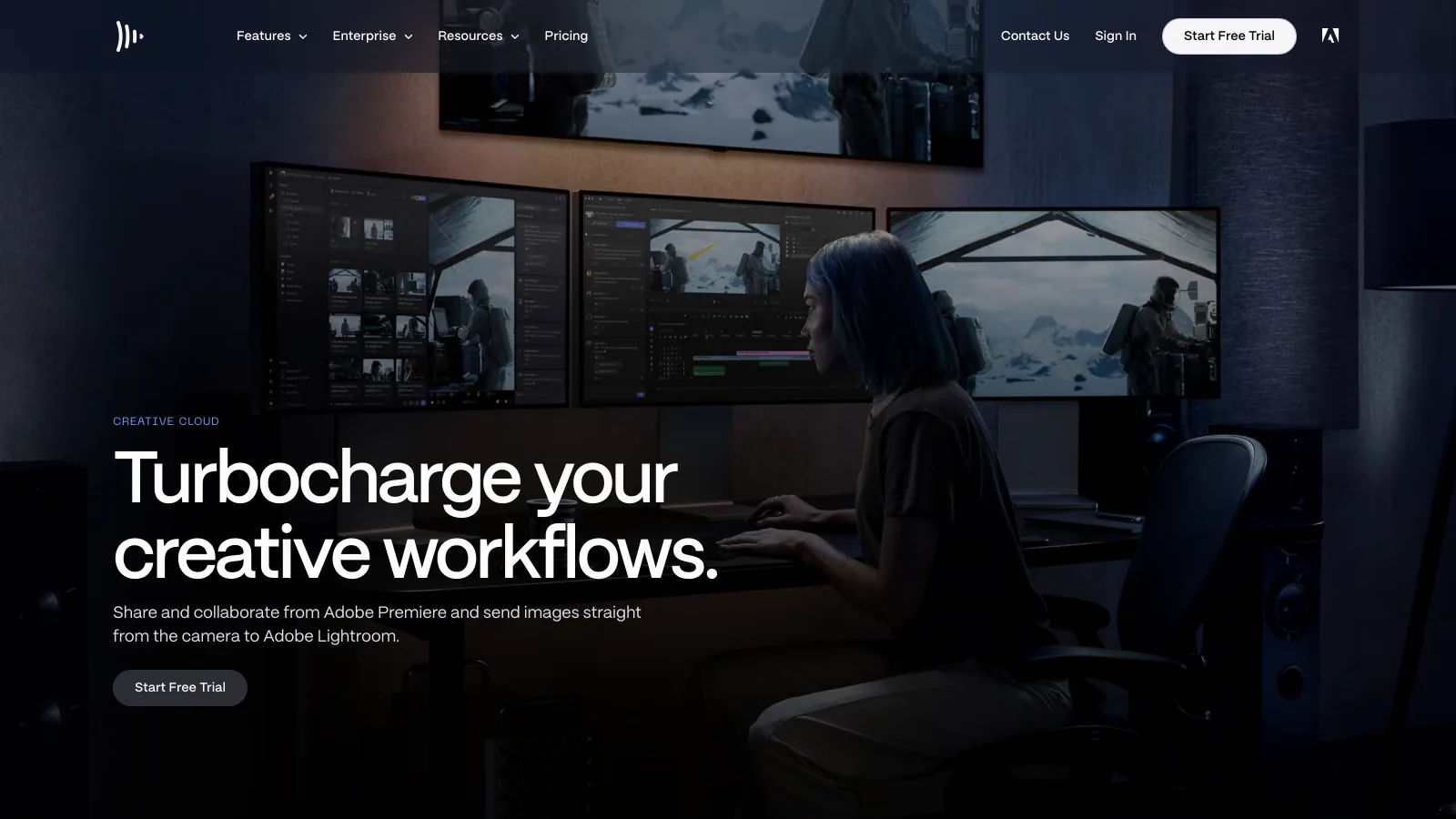 Frame.io Creative Cloud integration page describing sharing and collaboration from Adobe Premiere and sending images from the camera to Lightroom