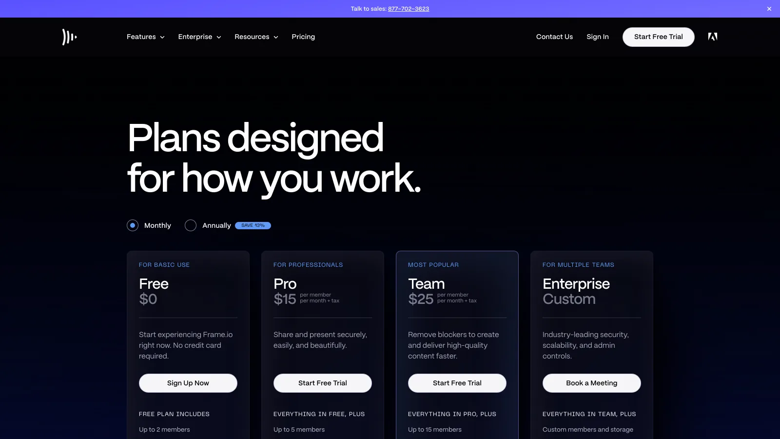 Frame.io pricing page showing the Free, Pro, Team and Enterprise plans with Pro at $15 and Team at $25 per member per month