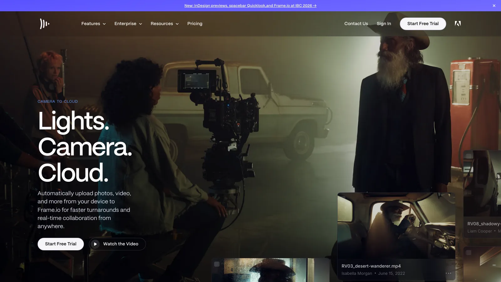 Frame.io Camera to Cloud page with the headline Lights. Camera. Cloud. over a film set