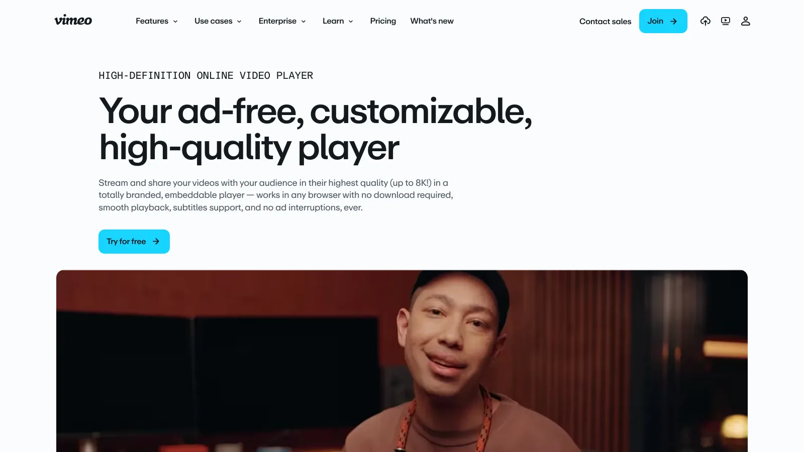 Vimeo video player page with the headline Your ad-free, customizable, high-quality player