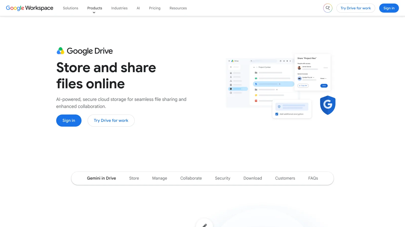 Google Drive product page with the headline Store and share files online, the free cloud storage many teams use as a de facto digital asset library