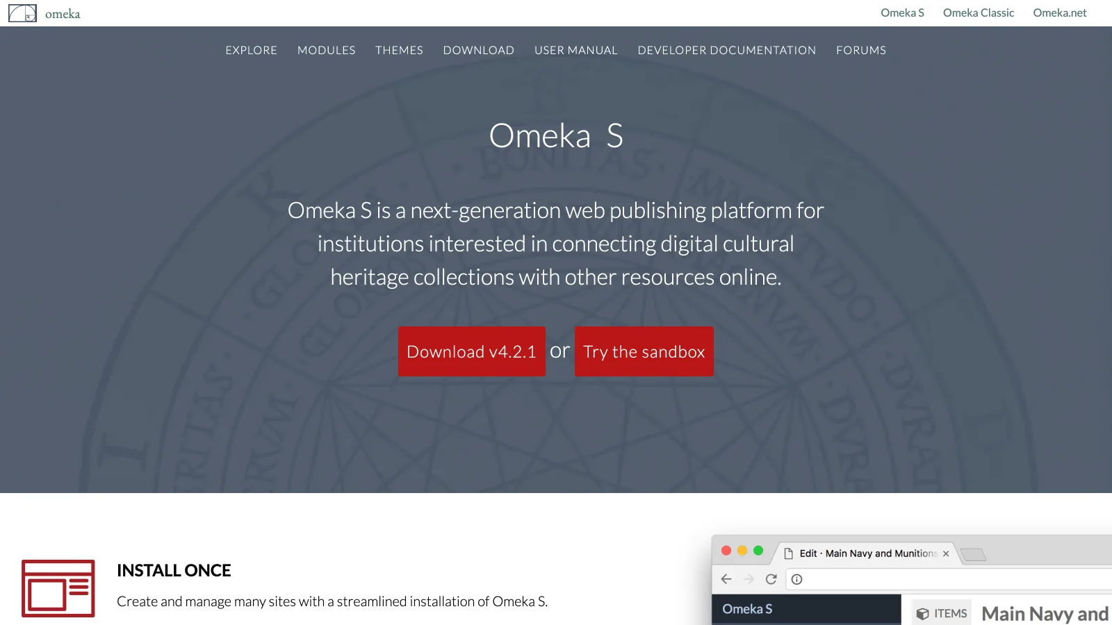 Omeka S homepage describing a web publishing platform for institutions connecting digital cultural heritage collections, with a download button for version 4.2.1