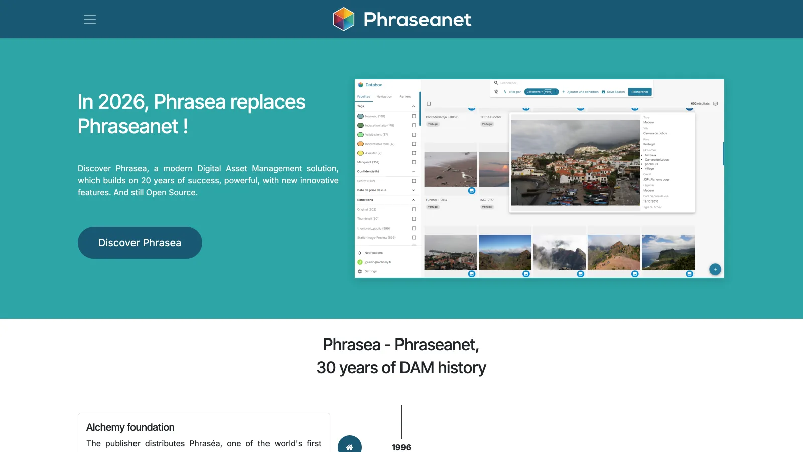 Phraseanet homepage announcing that Phrasea replaces Phraseanet in 2026 as a modern open source digital asset management solution