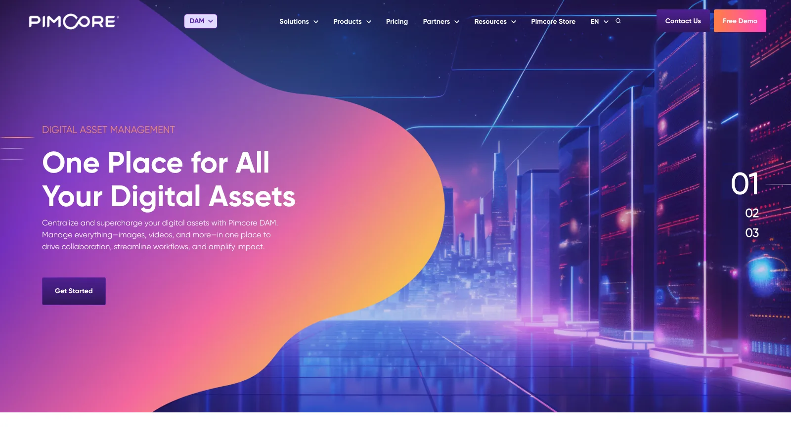 Pimcore digital asset management page with the headline One Place for All Your Digital Assets