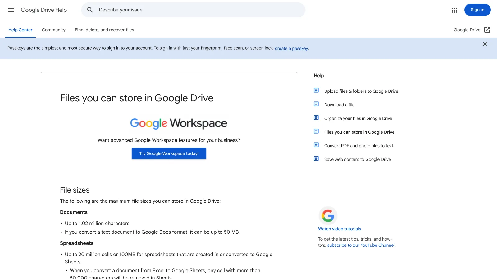 Google Drive help center page on the files you can store in Drive, with the per-file and daily upload limits