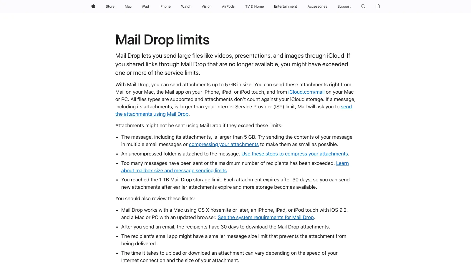 Apple's Mail Drop limits page stating a 5 GB maximum per message, a 30-day expiry per attachment, a 1 TB Mail Drop storage limit and that attachments do not count against iCloud storage
