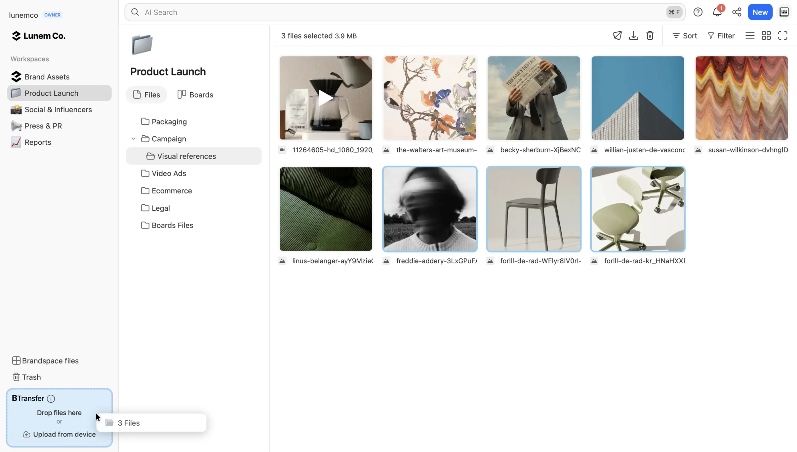 Brault Transfer interface showing the two upload paths for sending large video files: direct upload from local computer for one-off sends, and creating a transfer from an existing Brault workspace file.