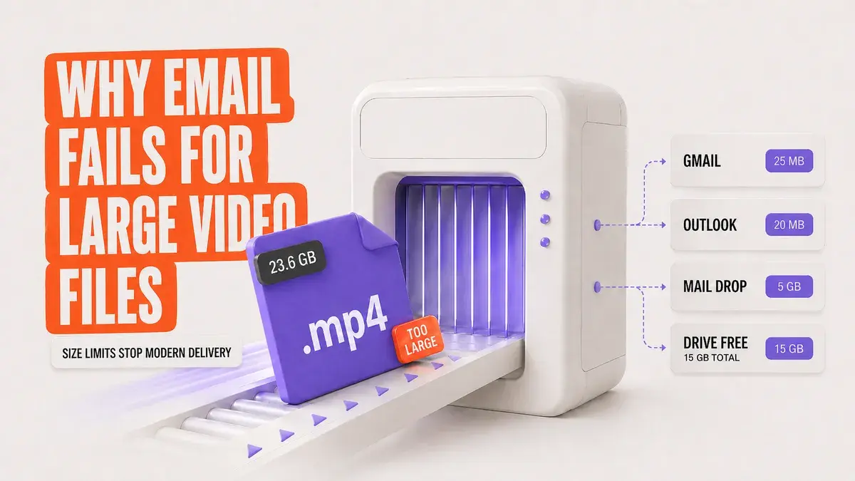 Diagram comparing email and consumer cloud storage size limits for sending large video files: Gmail at 25 MB, Outlook at 20 MB, Google Drive free tier at 15 GB, Dropbox free tier at 2 GB.