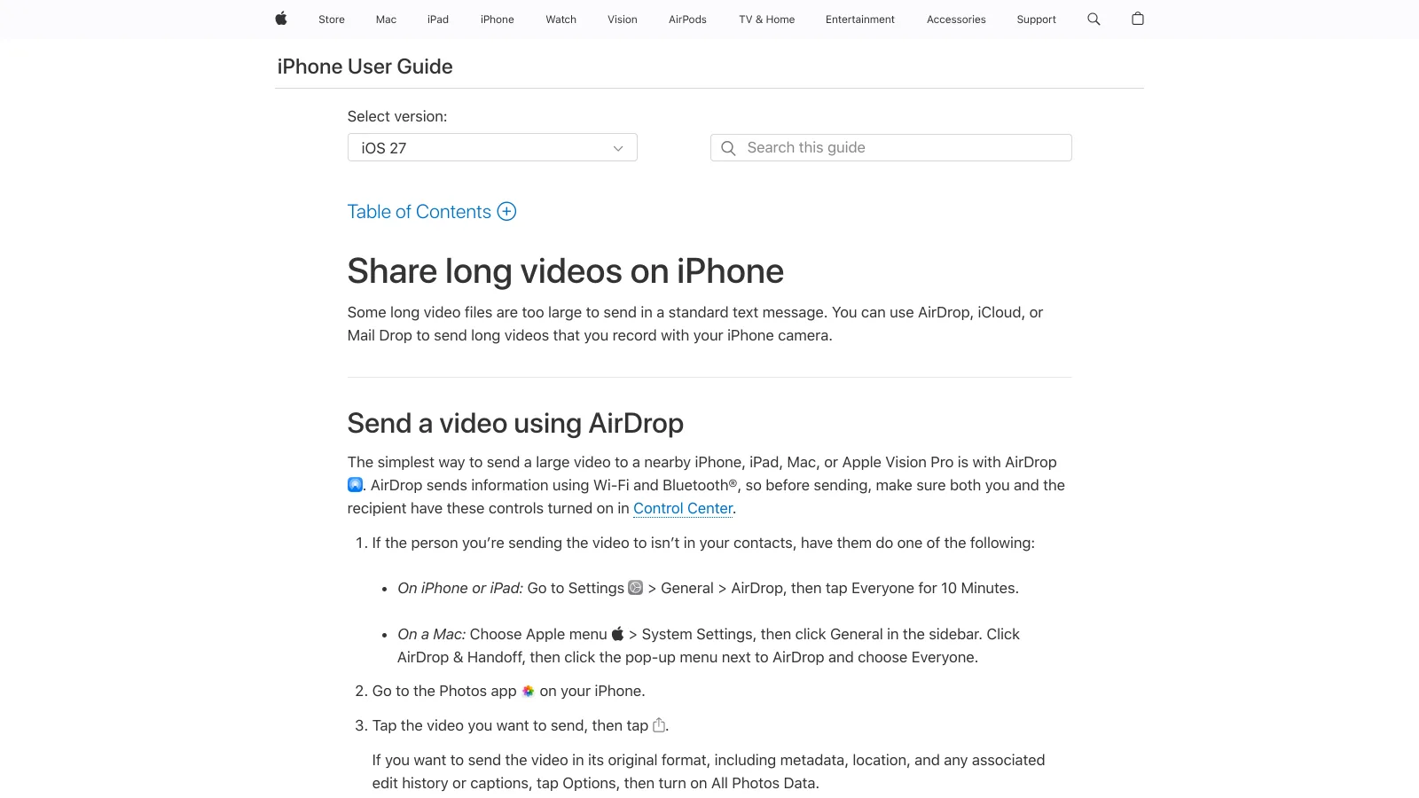 Apple's iPhone User Guide page on sharing long videos, listing AirDrop, iCloud and Mail Drop as the three methods