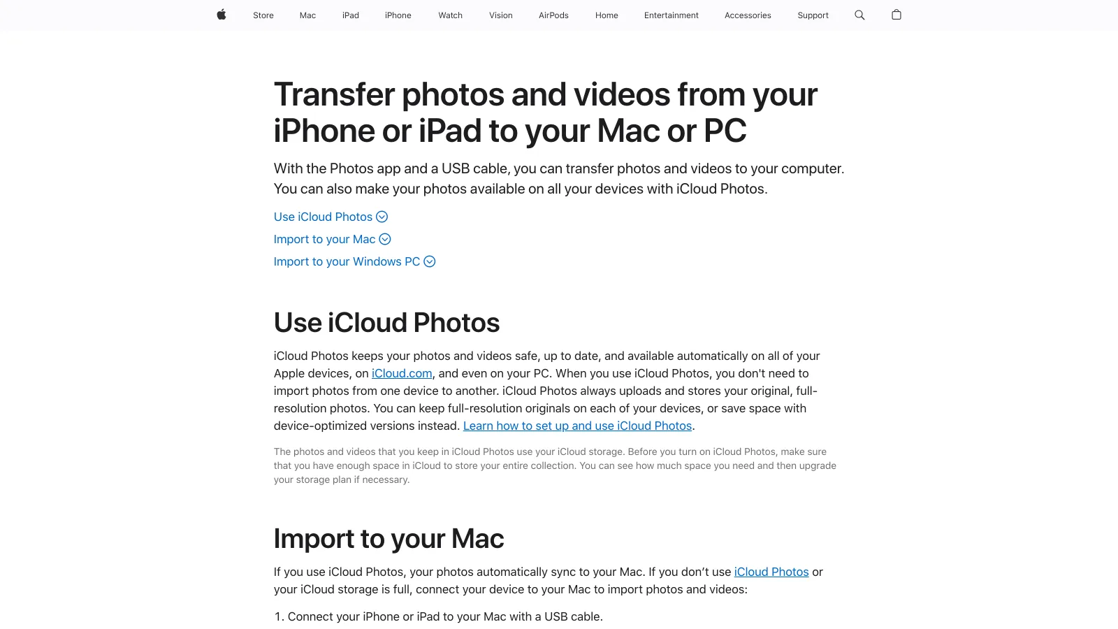 Apple Support article Transfer photos and videos from your iPhone or iPad to your Mac or PC, with sections for iCloud Photos, Import to your Mac and Import to your Windows PC
