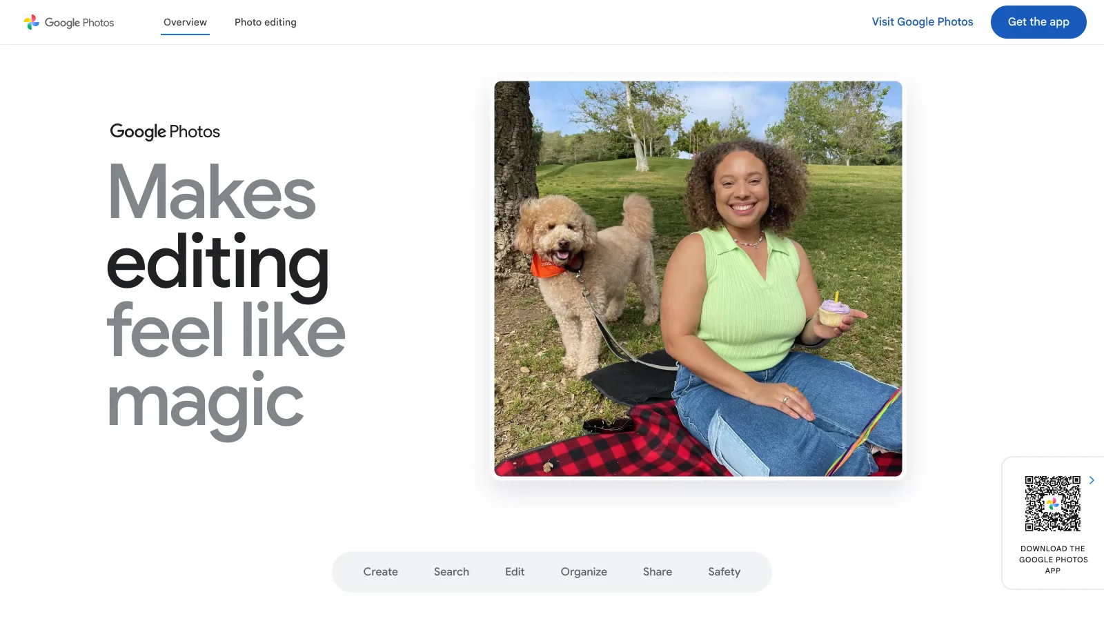 Google Photos overview page with the headline Makes editing feel like magic and a Get the app button