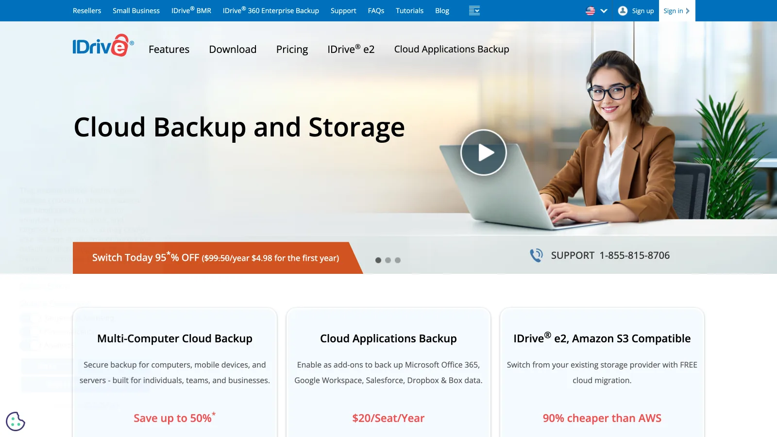 IDrive homepage with the headline Cloud Backup and Storage and a first-year discount banner