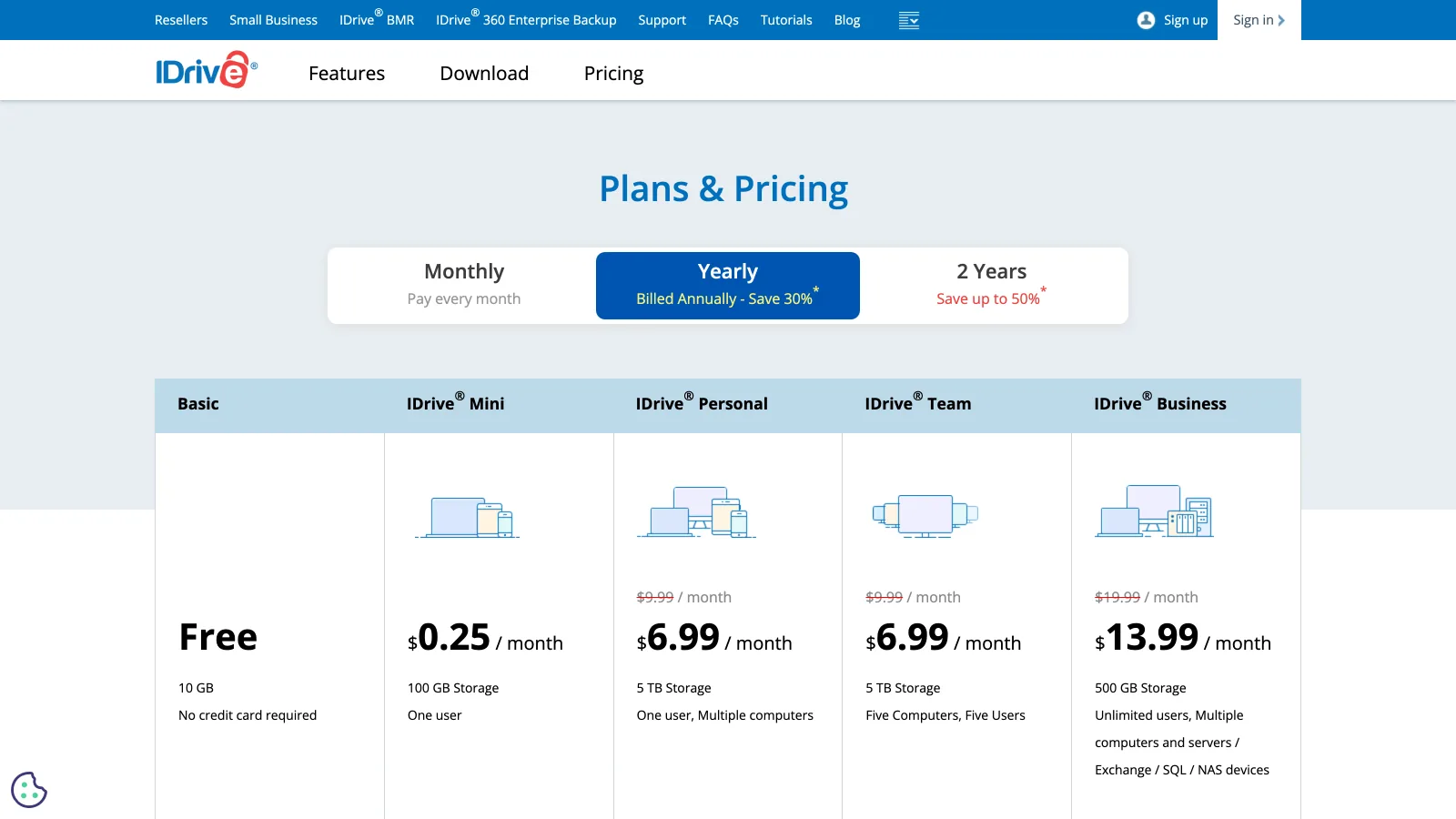 IDrive plans and pricing page with Free 10 GB, Mini at $0.25, Personal and Team at $6.99 and Business at $13.99 a month on yearly billing