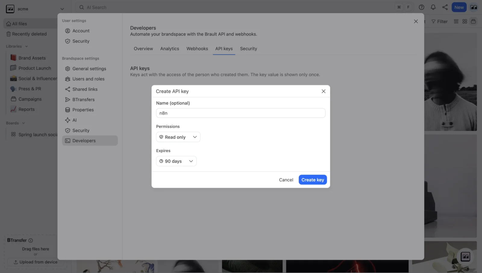 The Create API key dialog in Brault Settings, with a name, a permissions preset and an expiry date