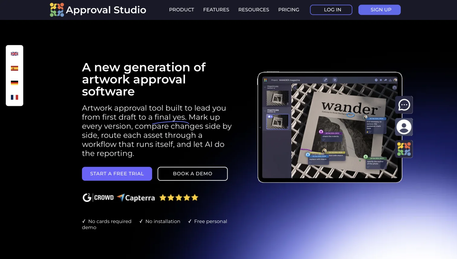 Approval Studio online proofing software homepage showing a magazine artwork proof with pinned comments on a tablet