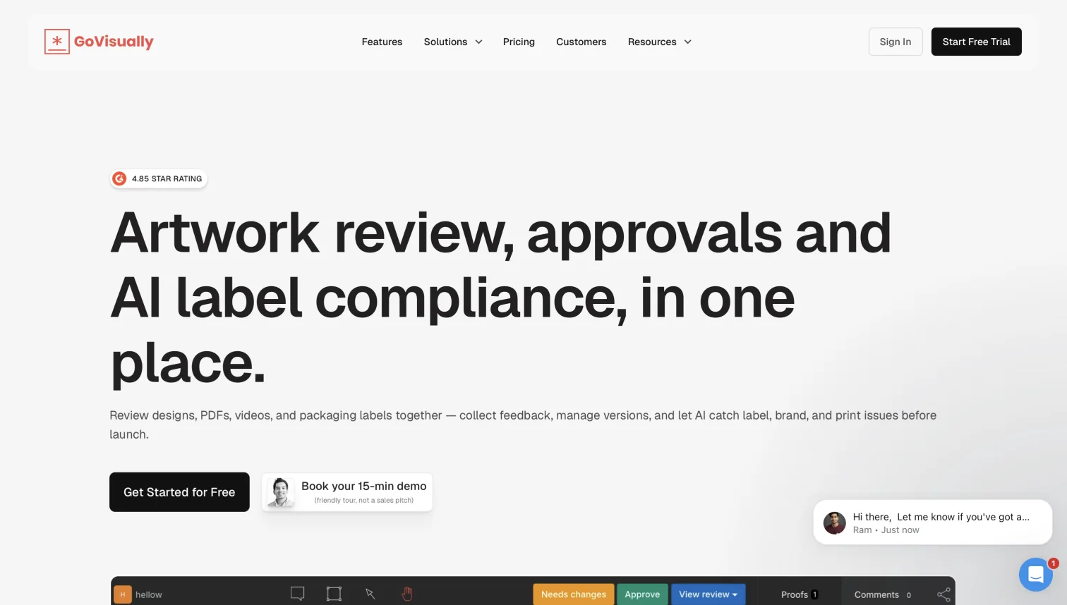 GoVisually online proofing software homepage for artwork review, approvals, and AI label compliance, with the review toolbar visible