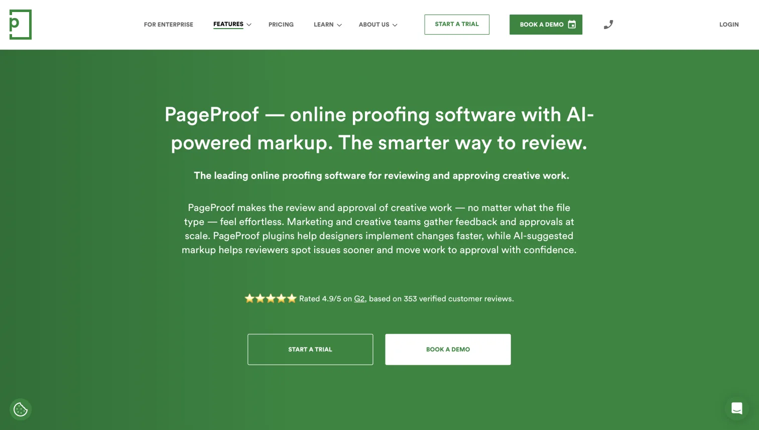 PageProof online proofing software homepage presenting AI-powered markup for reviewing and approving creative work
