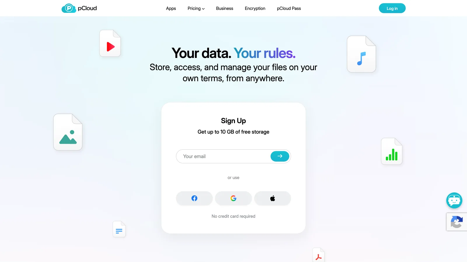 pCloud homepage with the headline Your data. Your rules. and a sign-up box offering up to 10 GB of free storage