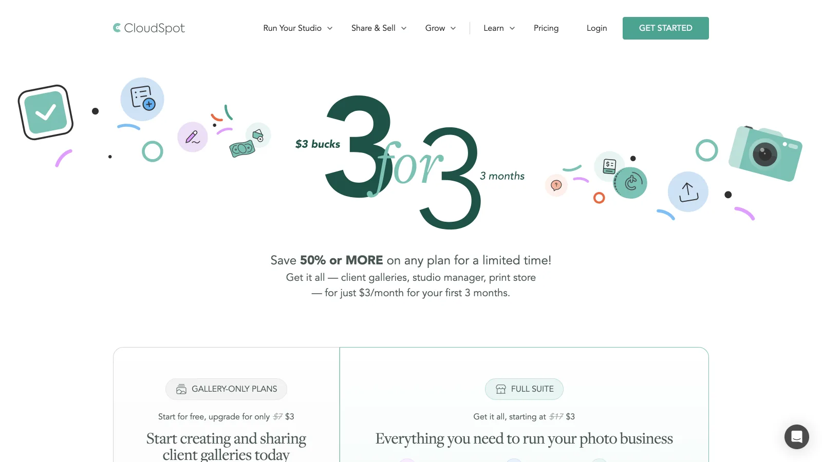 CloudSpot pricing page showing a 3 for 3 promotion at $3 a month for the first three months, next to the gallery-only plans from $7 and the full suite from $17
