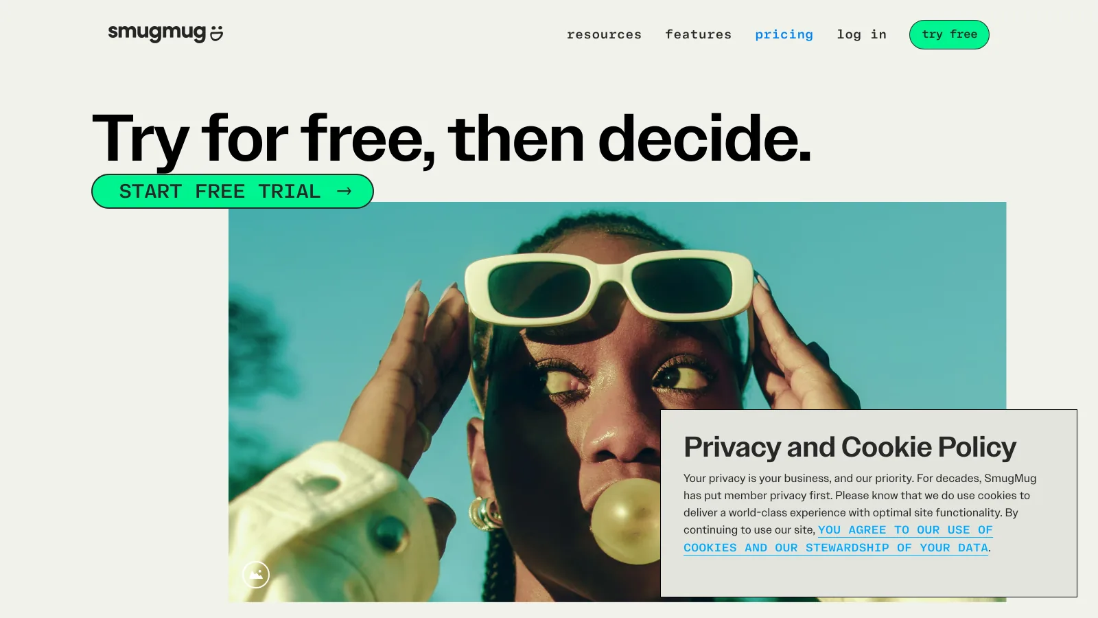 SmugMug plans page showing Direct at $20.00 a month, Portfolio at $23.50 and Pro at $37.00, all billed annually with unlimited photo storage