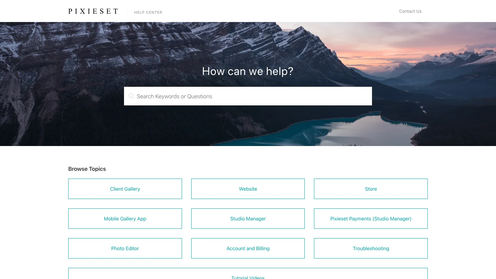 Pixieset help center home page listing the product areas Client Gallery, Website, Store, Mobile Gallery App, Studio Manager, Pixieset Payments, Photo Editor, Account and Billing and Troubleshooting