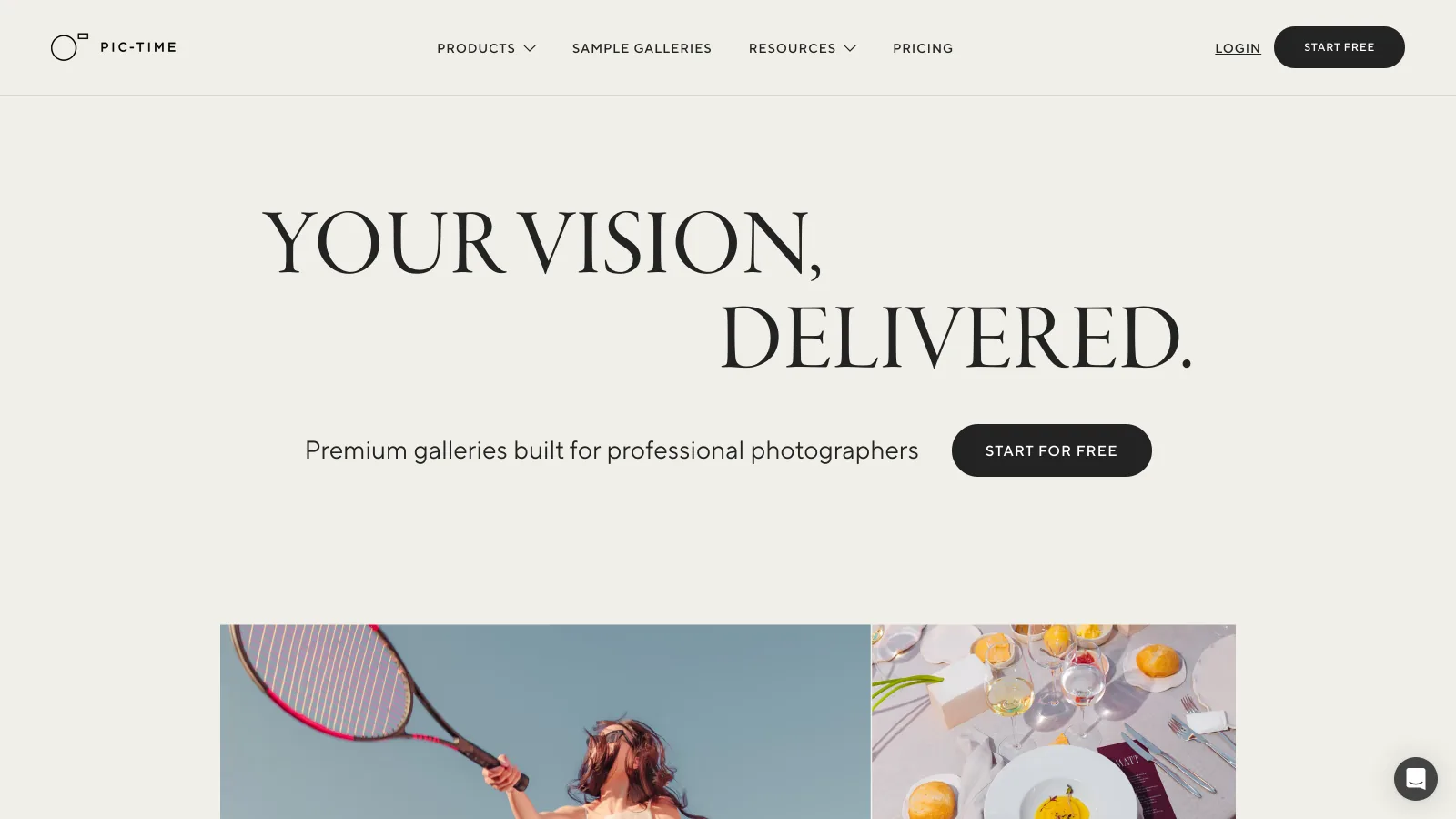 Pic-Time home page with the headline Your vision, delivered and the line premium galleries built for professional photographers