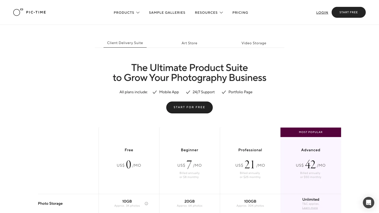 Pic-Time pricing page showing the Client Delivery Suite plans Free, Beginner at US$7, Professional at US$21 and Advanced at US$42 a month billed annually with photo storage per plan