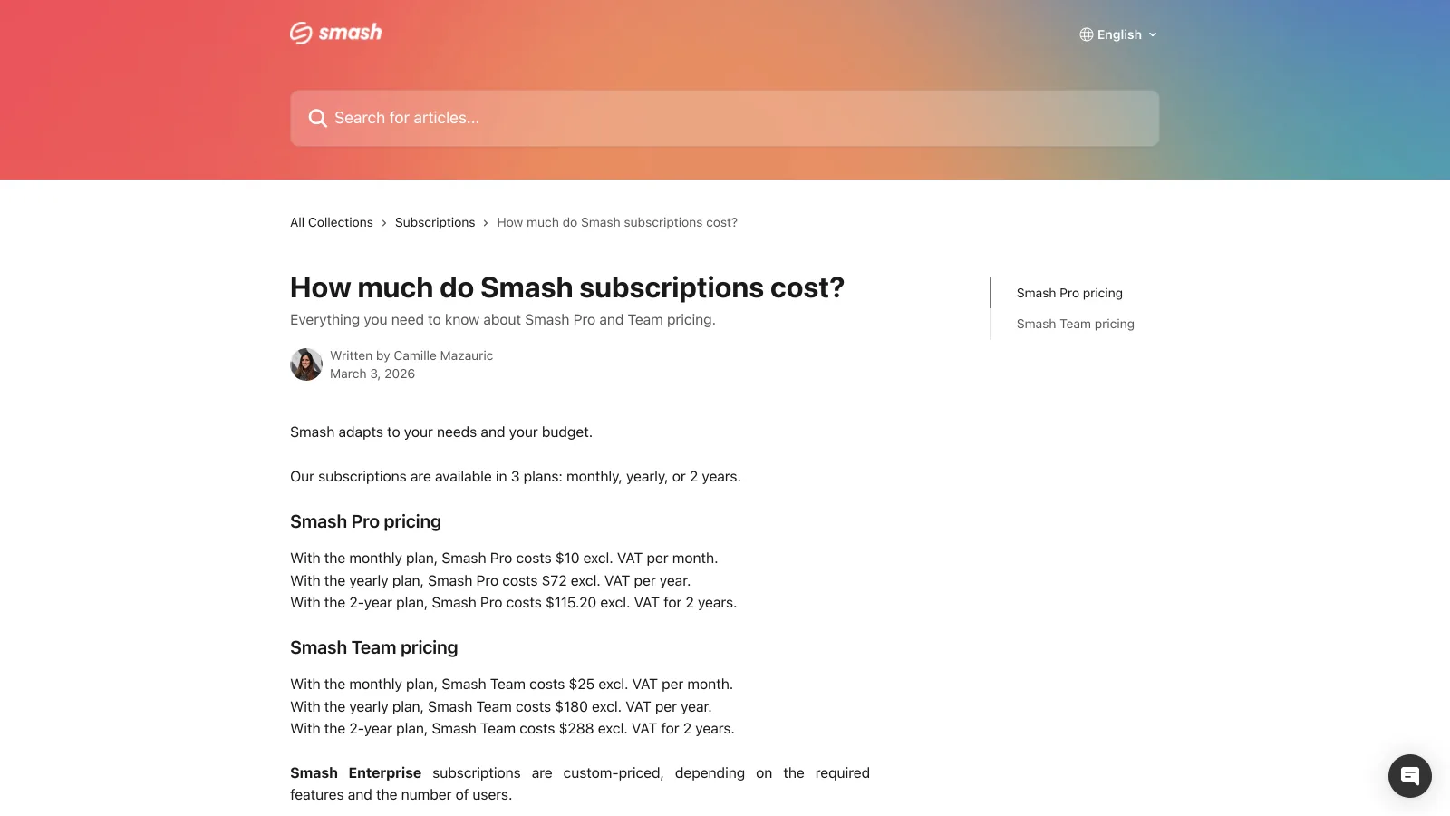 Smash help center article listing Pro at $10 a month, $72 a year and $115.20 for two years, and Team at $25 a month, $180 a year and $288 for two years