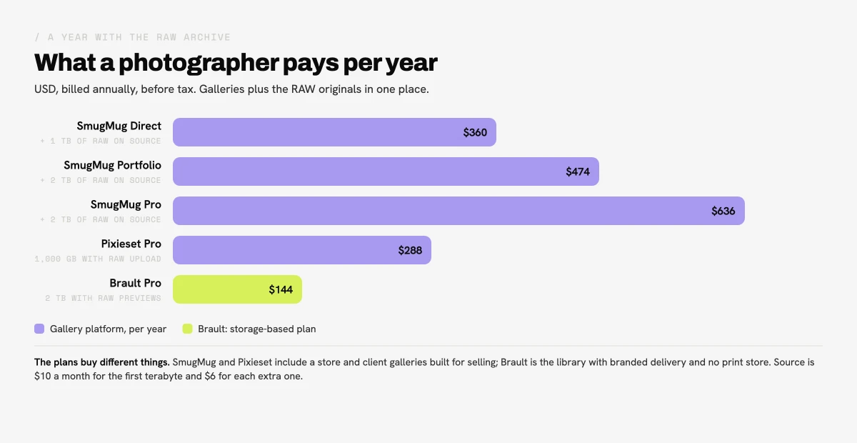 Bar chart of what a photographer pays per year with the RAW archive: SmugMug Direct plus 1 TB of Source $360, Portfolio plus 2 TB $474, Pro plus 2 TB $636, Pixieset Pro $288 and Brault Pro $144