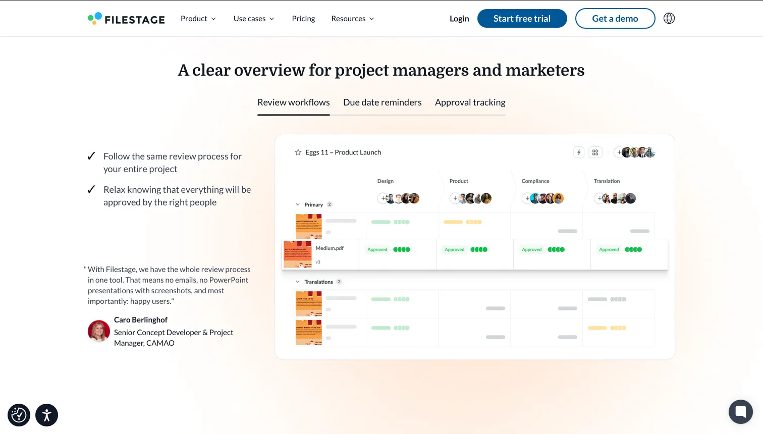 Filestage video review software interface
