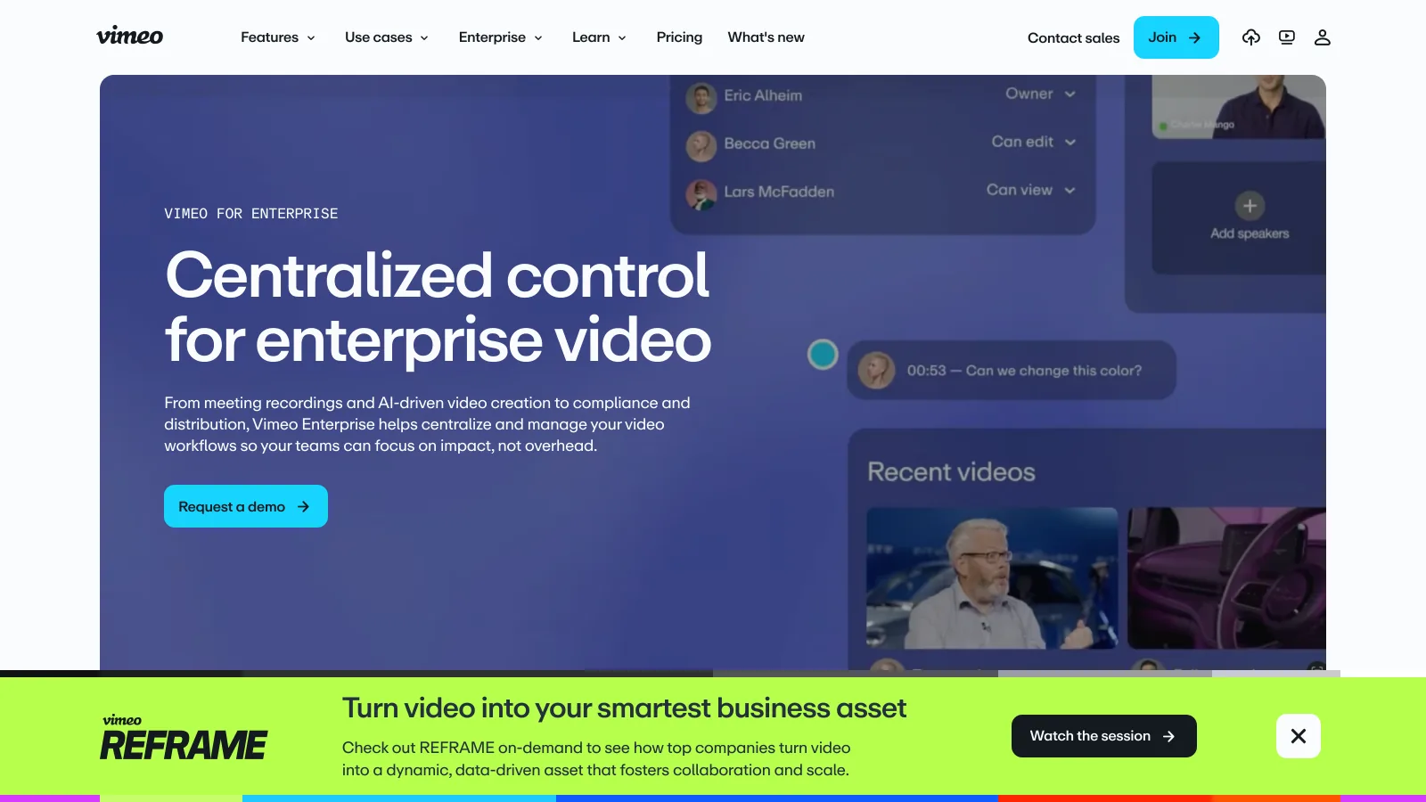 Vimeo for Enterprise page with the headline Centralized control for enterprise video and a Request a demo button