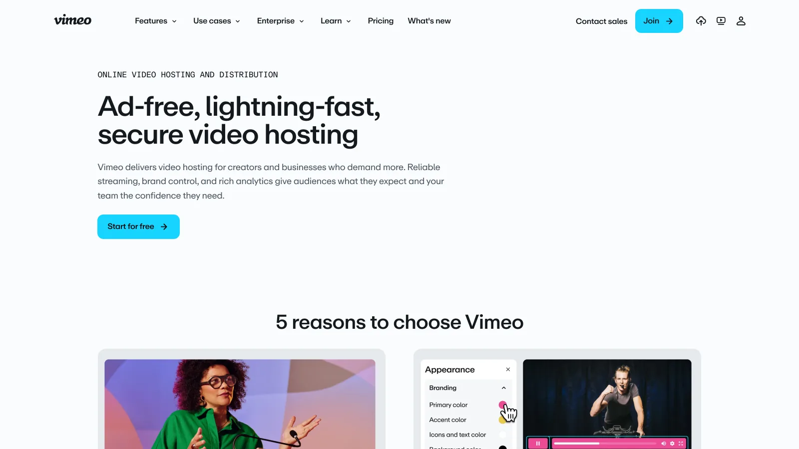 Vimeo video hosting page with the headline Ad-free, lightning-fast, secure video hosting and a Start for free button