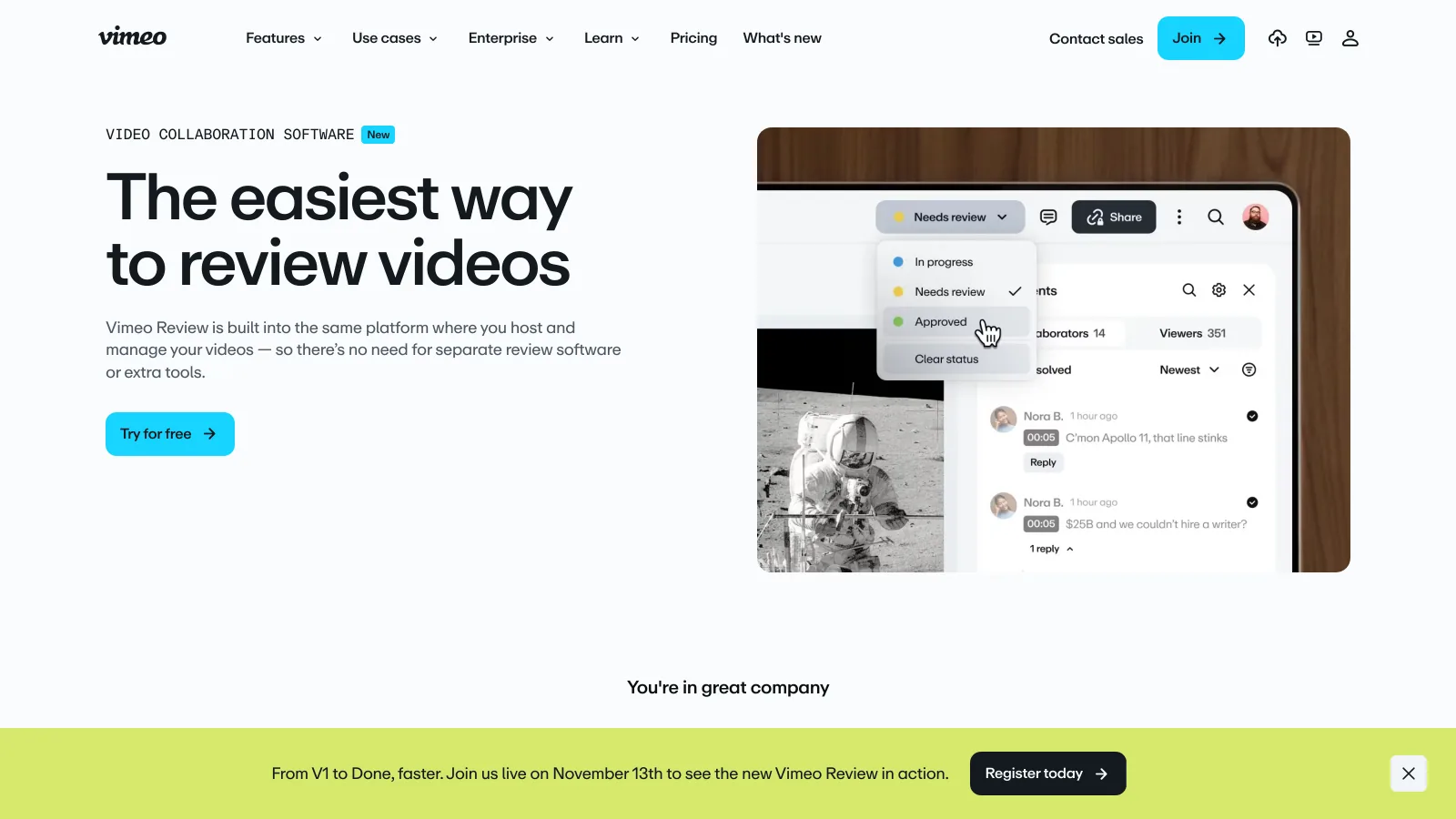 Vimeo video collaboration page with the headline The easiest way to review videos and a review panel showing Needs review and Approved statuses
