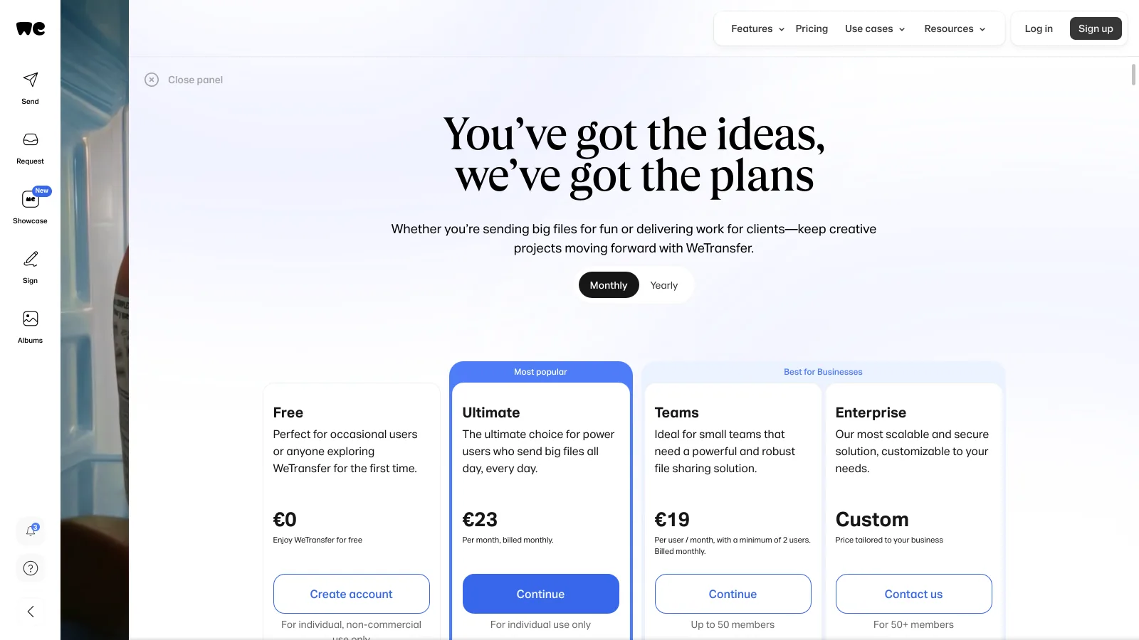 WeTransfer pricing page showing Free, Ultimate, Teams and Enterprise, with Ultimate at 23 and Teams at 19 per user