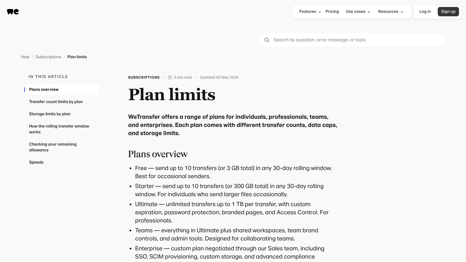 WeTransfer plan limits help page listing the Free, Starter, Ultimate, Teams and Enterprise allowances