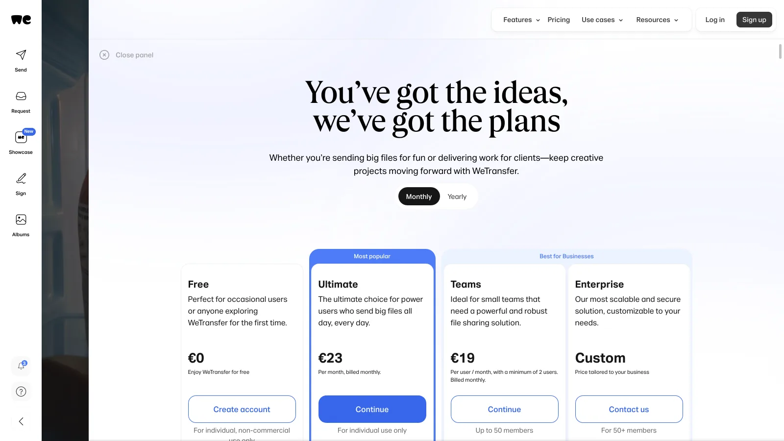 WeTransfer pricing page showing the Free, Ultimate, Teams and Enterprise plans at $0, $23 a month, $19 per user and custom