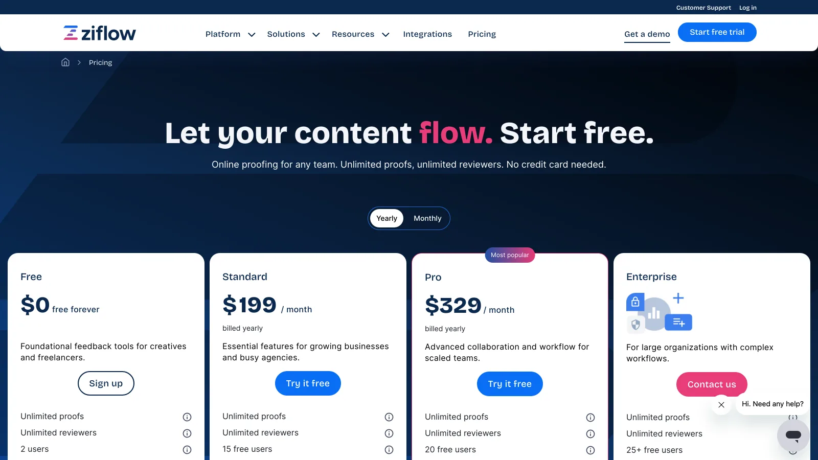 Ziflow pricing page with four plans: Free at $0, Standard at $199 a month and Pro at $329 a month billed yearly, and Enterprise on contact