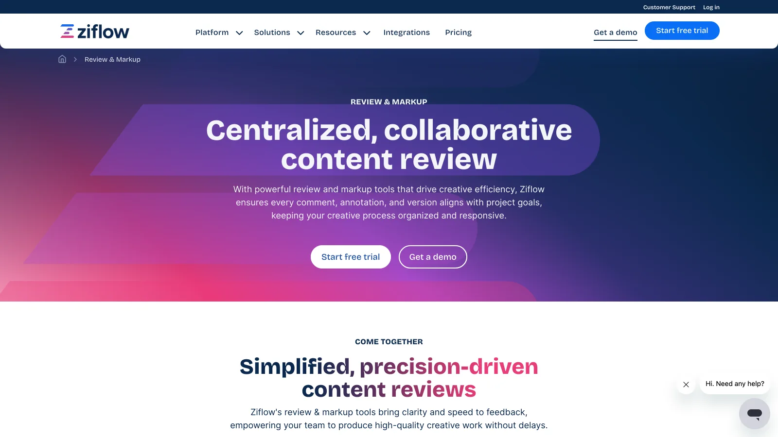 Ziflow review and markup product page headed Centralized, collaborative content review