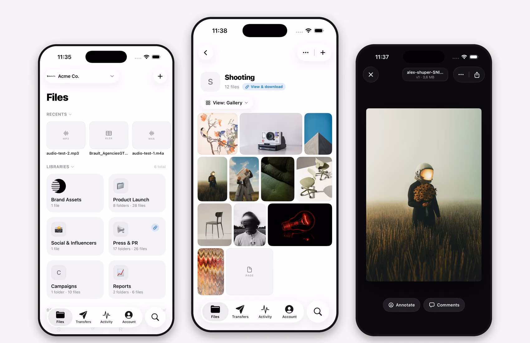 Brault for iPhone showing a brandspace library, a board and a file preview on three iPhone screens