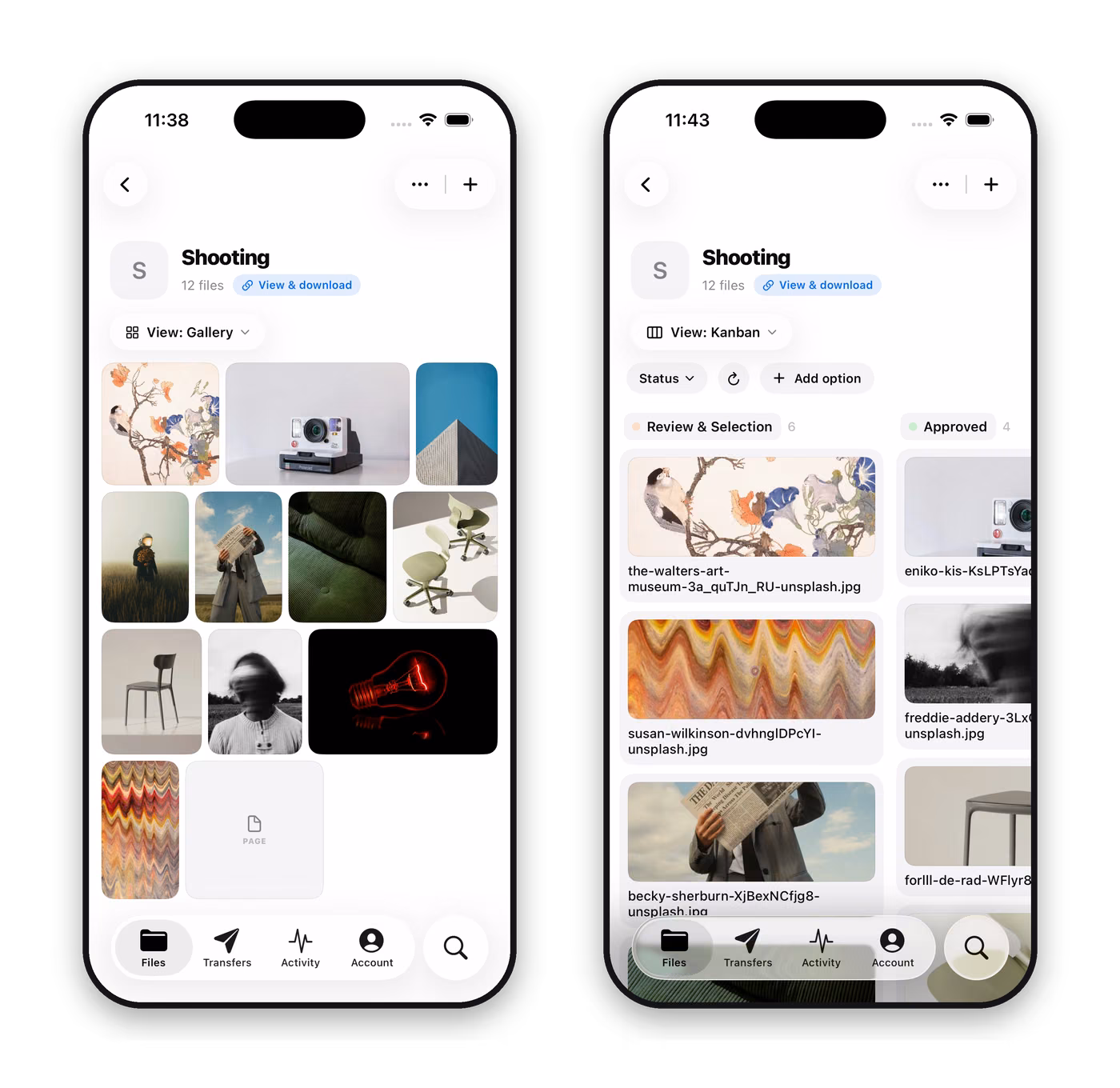 Brault for iPhone board in gallery and Kanban views, with Review & Selection and Approved columns
