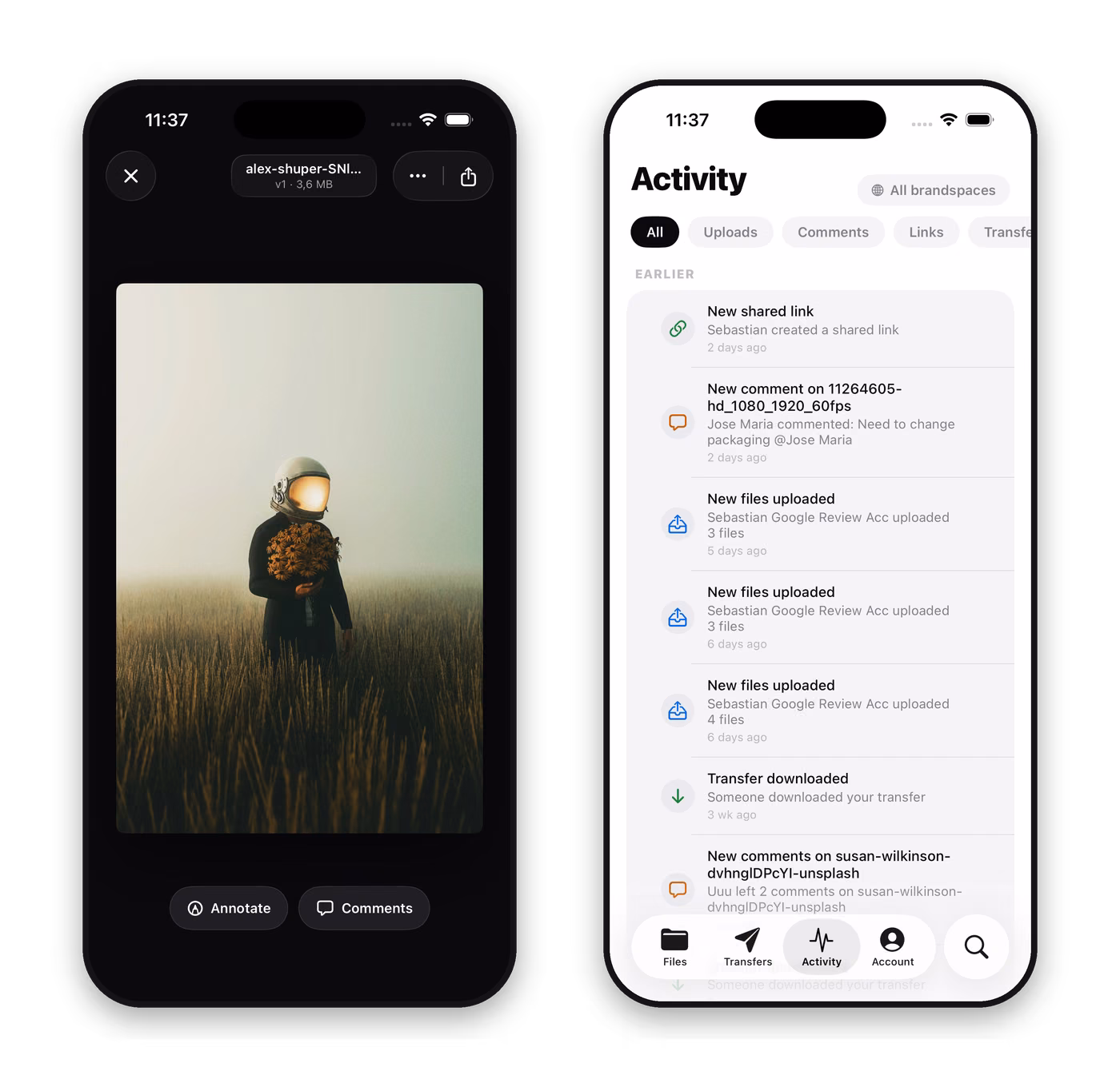 Brault for iPhone full-screen file preview with Annotate and Comments, next to the Activity feed with comment and upload notifications